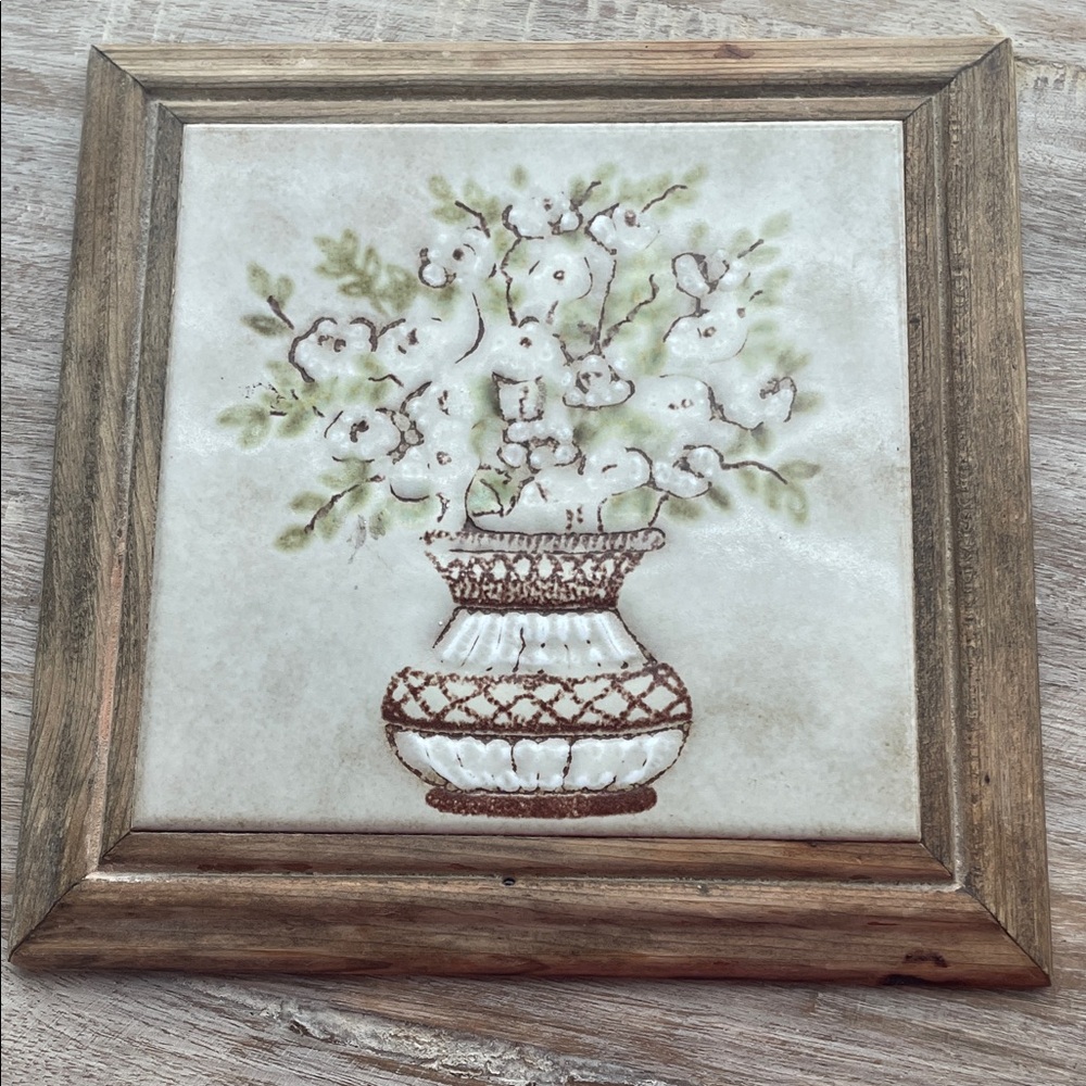 Vintage Framed Ceramic Tile Trivet  - creamy neutrals
